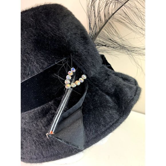 Vintage 40s Wool Cloche Bell Hat Velvet Trim Feather Black main image 5